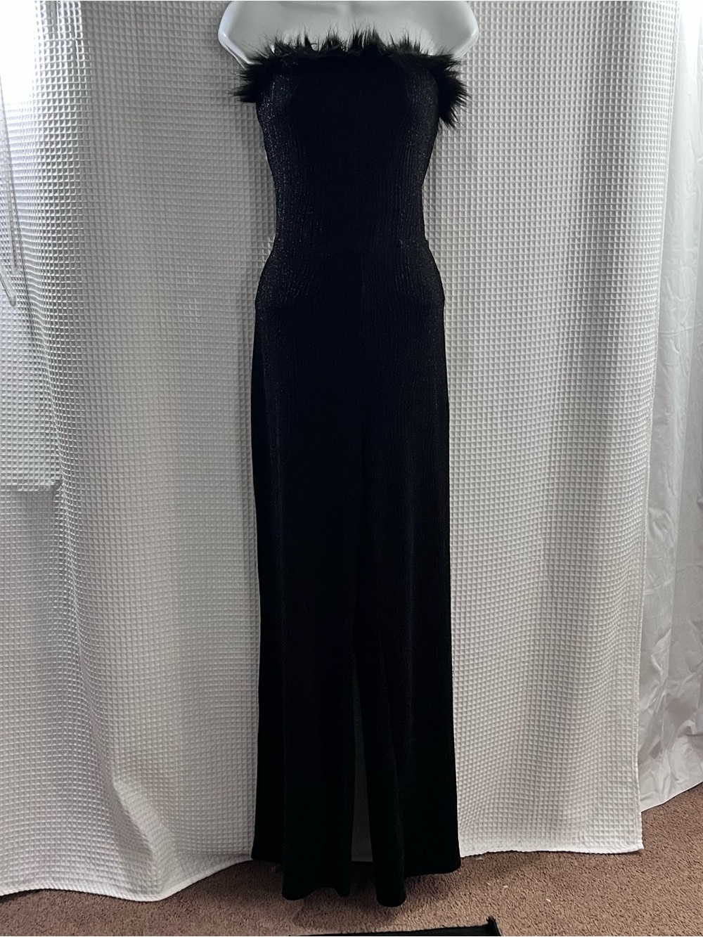 Black Feather-Trim Strapless Jumpsuit size XL